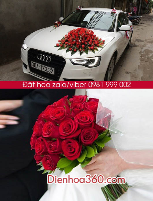 Xe hoa cưới hoa hồng đỏ, hoa cưới đẹp