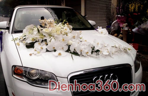 Xe hoa cưới đẹp trang trí lan hồ điệp-hồng trắng-ly trắng