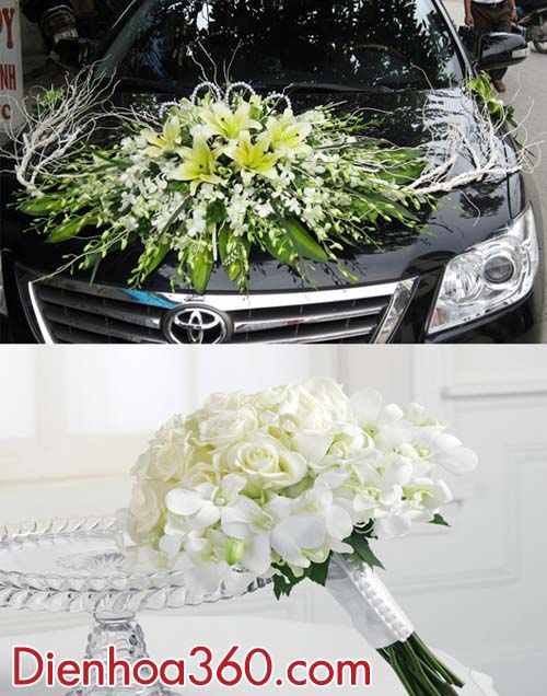hoa cưới-xe hoa tông màu trắng